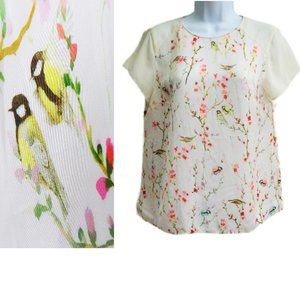 Zara Spring Birds Flower Print Top Keyhole Back Tie Satin Cream Short Sleeves L